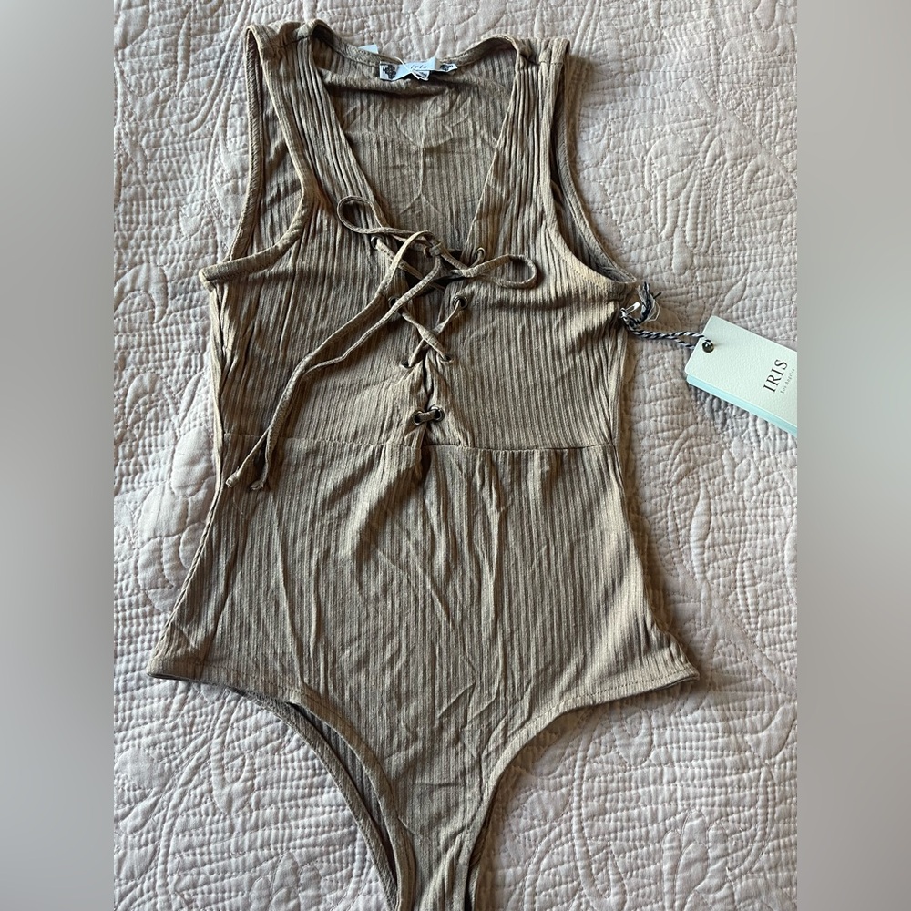 iris Ribbed Lace-Up Bandeau Bodysuit in Taupe